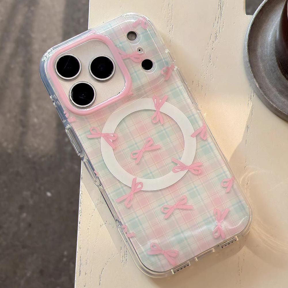 

3D Flower Cute Pink Bowknot Magnetic Grip Tok Phone Case for iPhone 16 15 14 17 Pro Max Wireless Charge Girl Cover for Magsafe iPhone 14 Pro