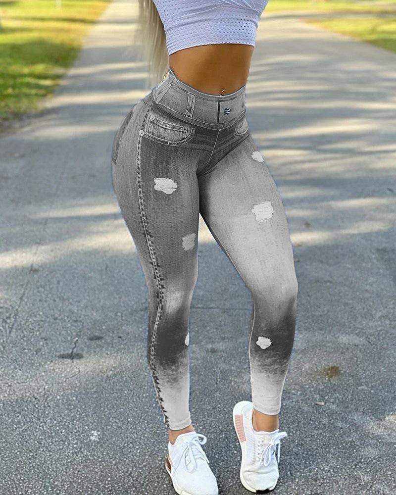2024 Autumn Winter Women's High Waist High Elastic Imitation Denim Leggings Solid Color Fitness Sports Yoga Pants