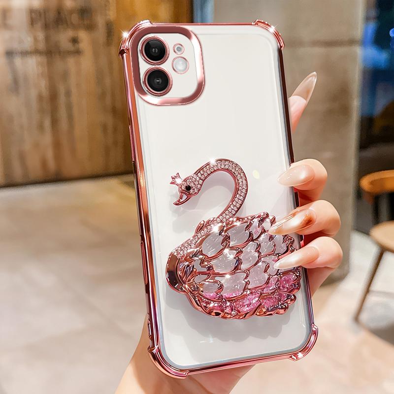 KEYSION Shockproof Plating Phone Case for iPhone 11 12 Pro Max Clear TPU Glitter Jewelled Swan kickstand Back Cover for iPhone 11