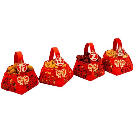 Housewarming Gift Holder 4 Pcs DIY Basket with Handle, Non-woven Fabric Red Basket, Decorative Snack Organizer Good Luck Handheld for Chinese