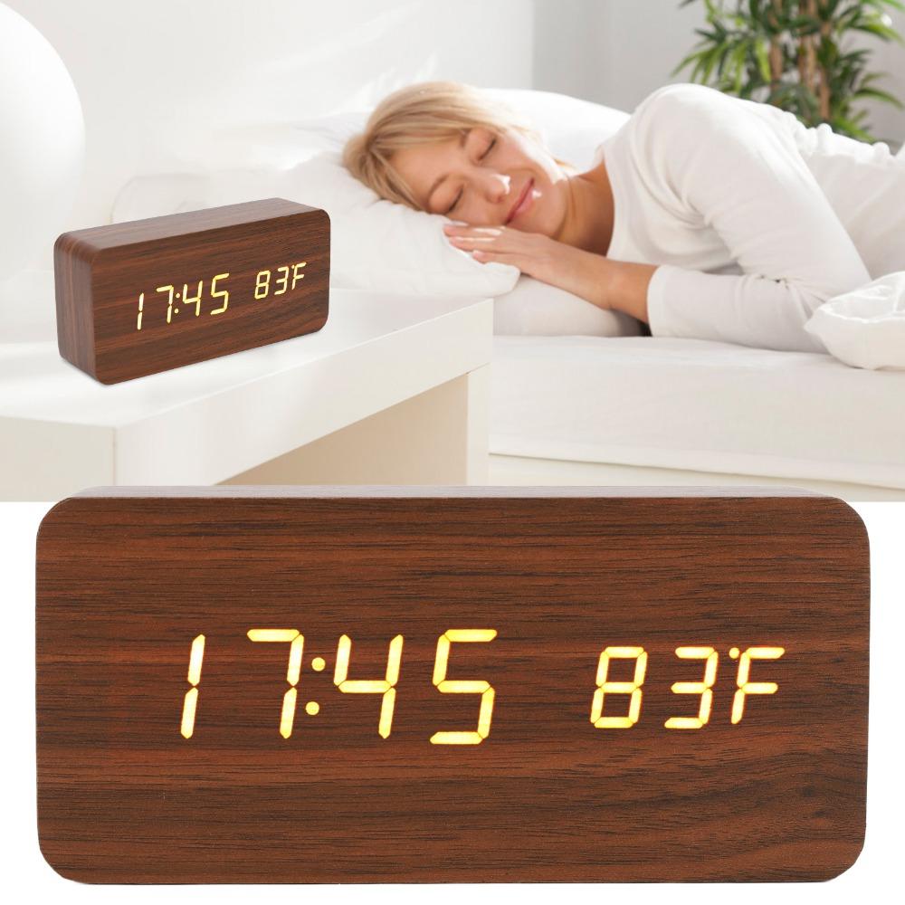 Temperature Display Wood Digital Clock Voice Activated Electronic Alarm Clock  Nightstand