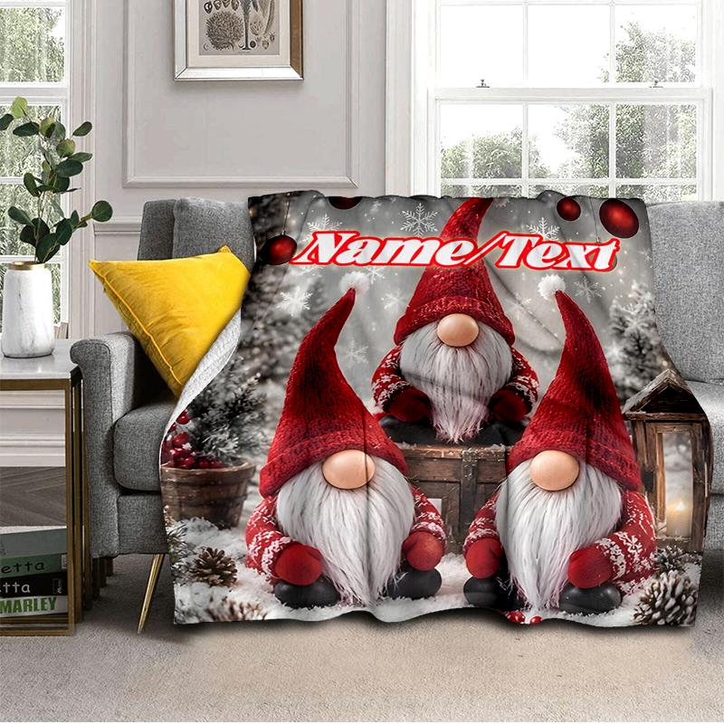 1PC Custom Name Christmas Gnome Winter Scene Outdooor Flannel Blankets Throw Blanket All-Season Throw Gift Bedspread for Couch, Bed, Camping Holiday B