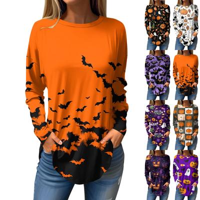 Damska Moda Luźny Okrągły Dekolt Halloween Nadrukowany Długi Rękaw T-Shirt Top Pulower