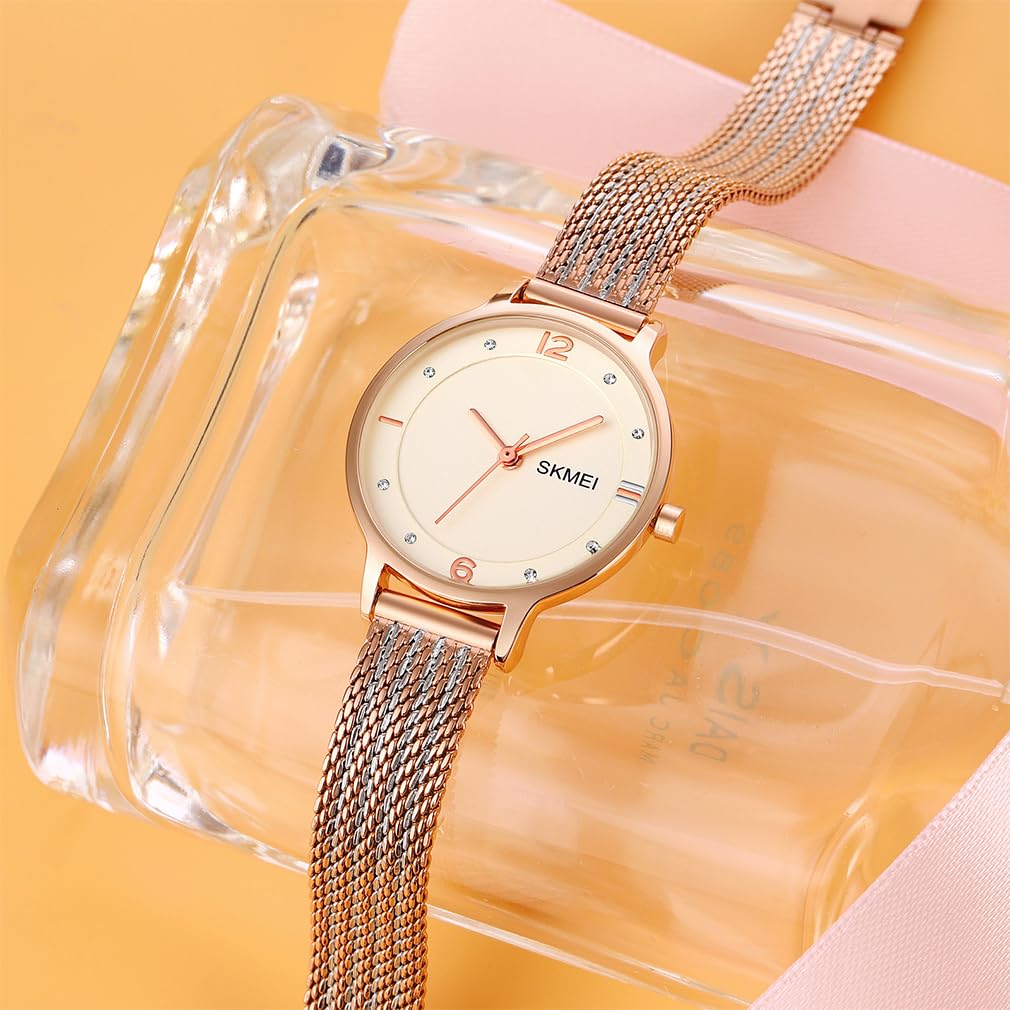 SKMEI Quartz Mesh Stainless Rose Watch Women's Wristwatch, Simple, Ultra-Thin Movement, Stylish, Waterproof, Business, Strap, Steel, White, Gold,