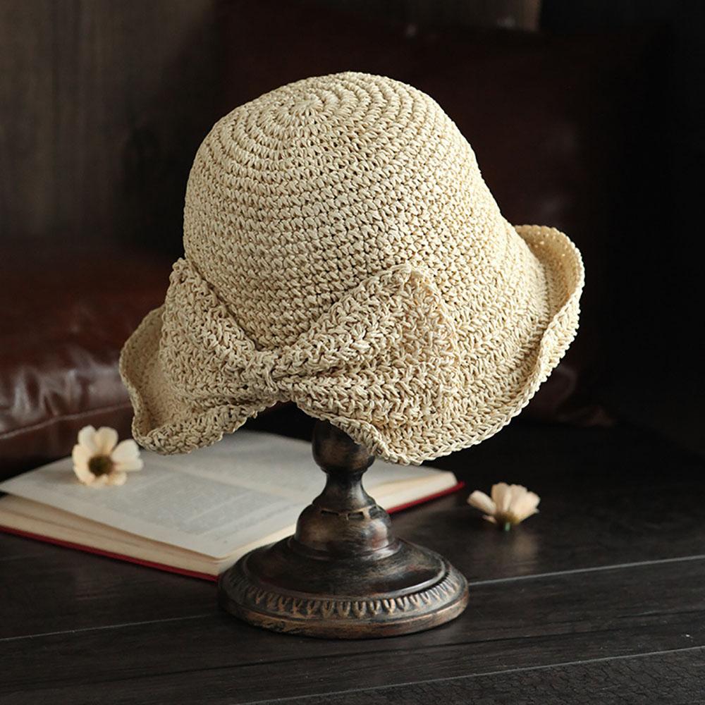 Summer Bow Sun Straw Hat Wide Brim Floppy Hats Collapsible Women Beach Panama Straw Dome Bucket Hat Femme Shade Hat
