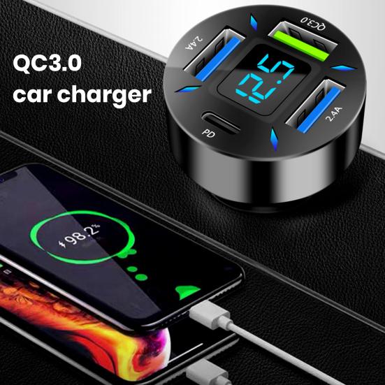 

Автомобильное сверхбыстрое зарядное устройство Yousheng, 66 Вт, с 4 портами USB, светодиодный дисплей, мониторинг батареи в реальном времени, автомобильное зарядное устройство PD QC3.0, 2,4 А для телефона, планшета