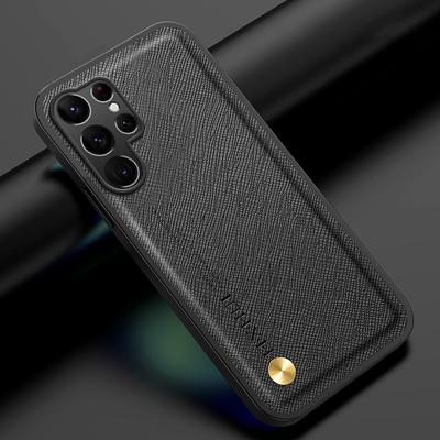 Grid Leather Case For Magsafe Samsung Galaxy S25 S24 S23 FE Plus S25 Ultra Wireless Charge Build-in Iron Plate Phone Cover