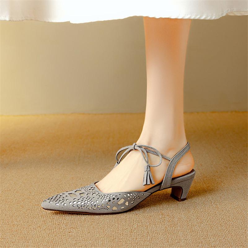 Fashion New Summer Sandals Pointed Toe Sandals for Women High Heels Fashion Tassels Lace Cover Toe Sandal Ladies Shoes Women Grey