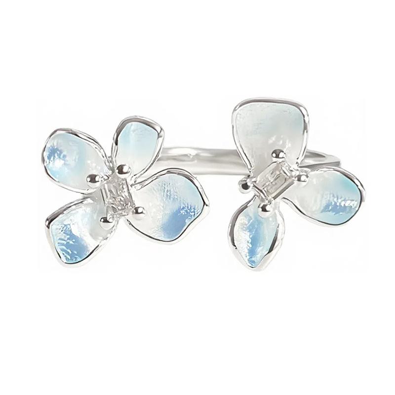 Small Fresh Enamel Ice Blue Flower Opening Ring Super Fairy Diamond Stacked Wearing Personality Sweet Super Fairy Ring Woman