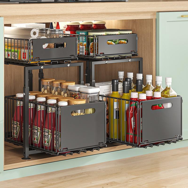 Under Sink Organizer | 2-Tier Carbon Steel Pull-Out Cabinet Storage Rack | Sliding Drawer for Kitchen & Bathroom