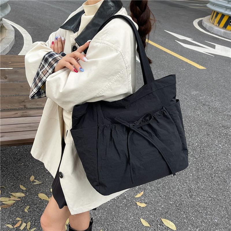 Bow Large Capacity Canvas Tote Bag Women's Autumn New Fashion Commuter Casual Shoulder Bag Pleated Handbag