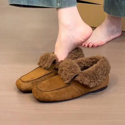 Winter Retro Suede Square Head Loafers, Women's One-pedal Flip and Fleece Outer Single Shoes