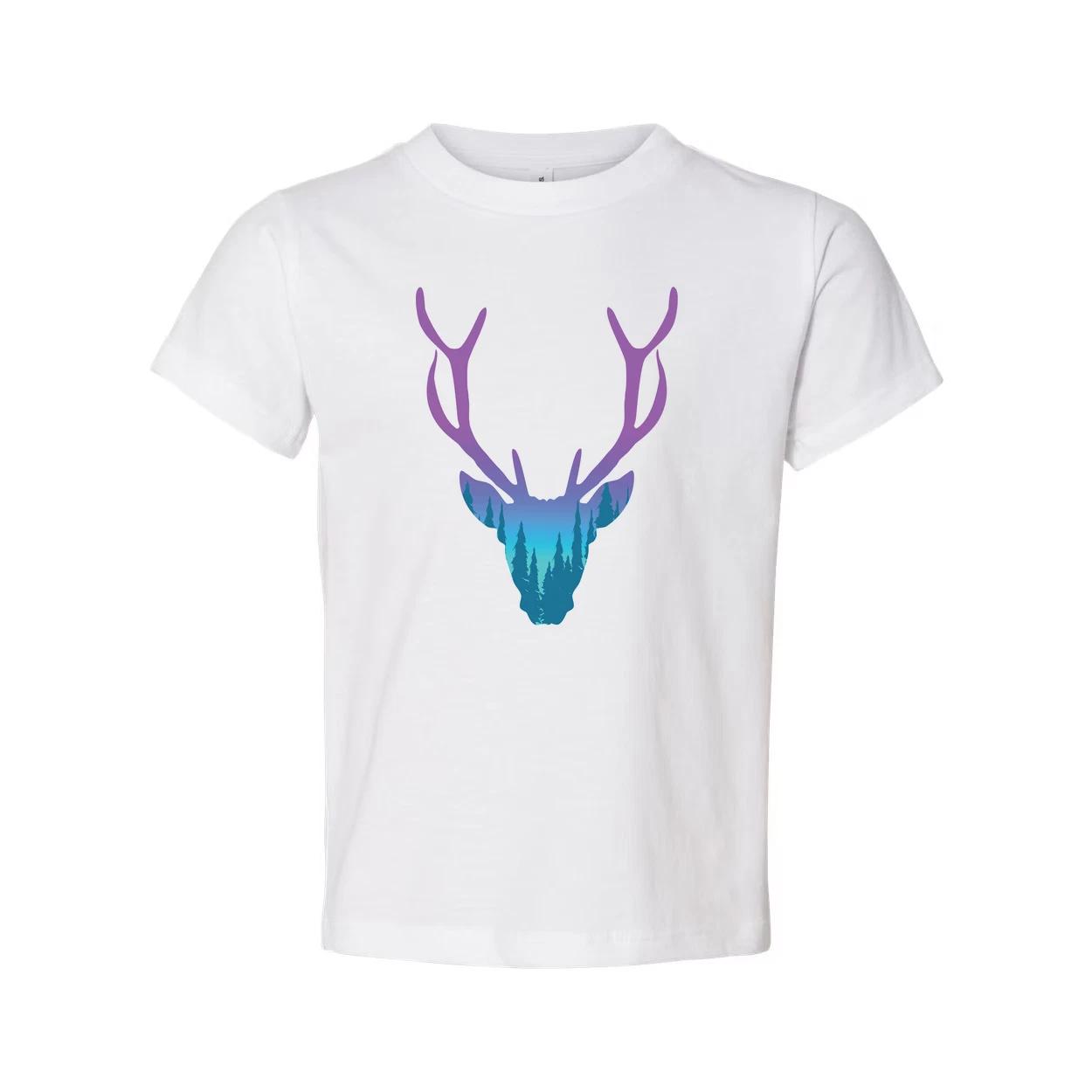 

Unisex Graphic T Shirt With Purple To Teal Gradient Deer Head And Forest Landsca 2XL