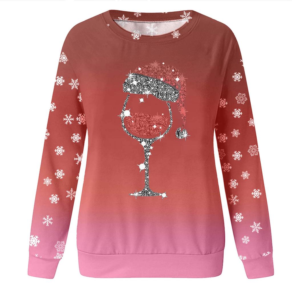 Women's Casual Fashion Christmas Print Long Sleeve O-Neck Pullover Top