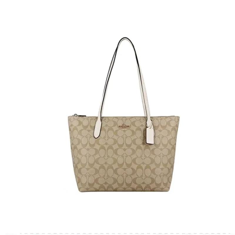 COACH Zip Top Tote 30 Monogram Canvas with Leather Tote Bag Tote Bag Handbag Shoulder Bag Large Women's White with Brown Monogram