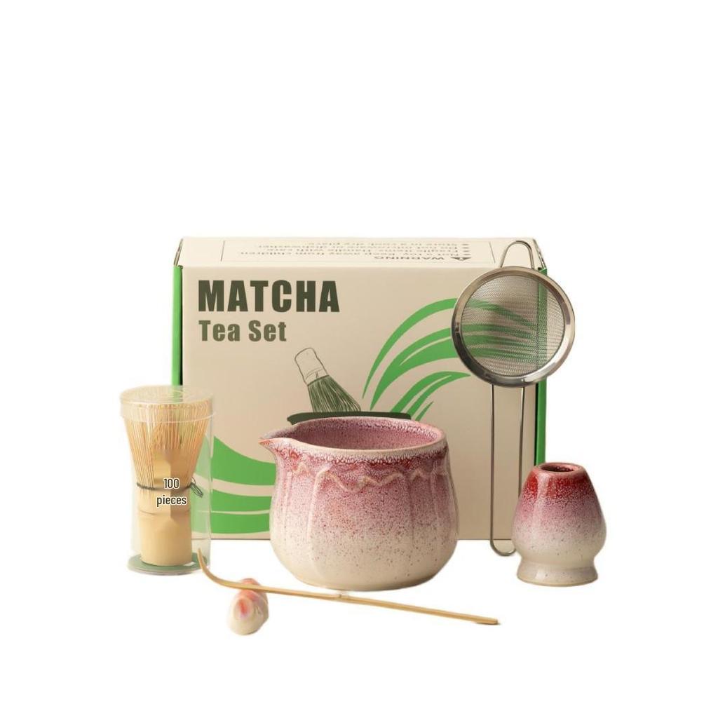 Ceramic Japanese Matcha Tea Ceremony Set with Hundred-Pronged Whisk, Holder, and Brush
