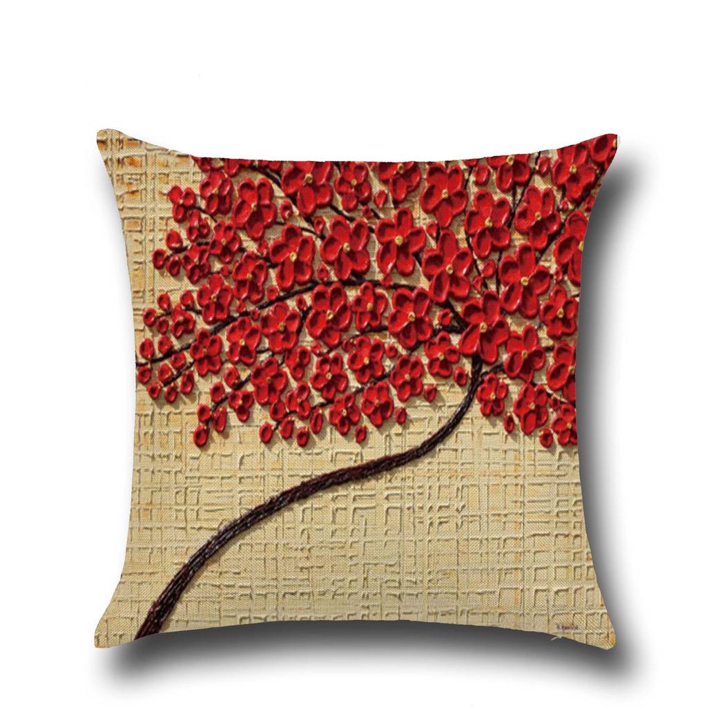 Three-dimensional Oil Painting Trees Flowers Cotton Linen Cushion Pillow Case Car Waist Cushion Cover