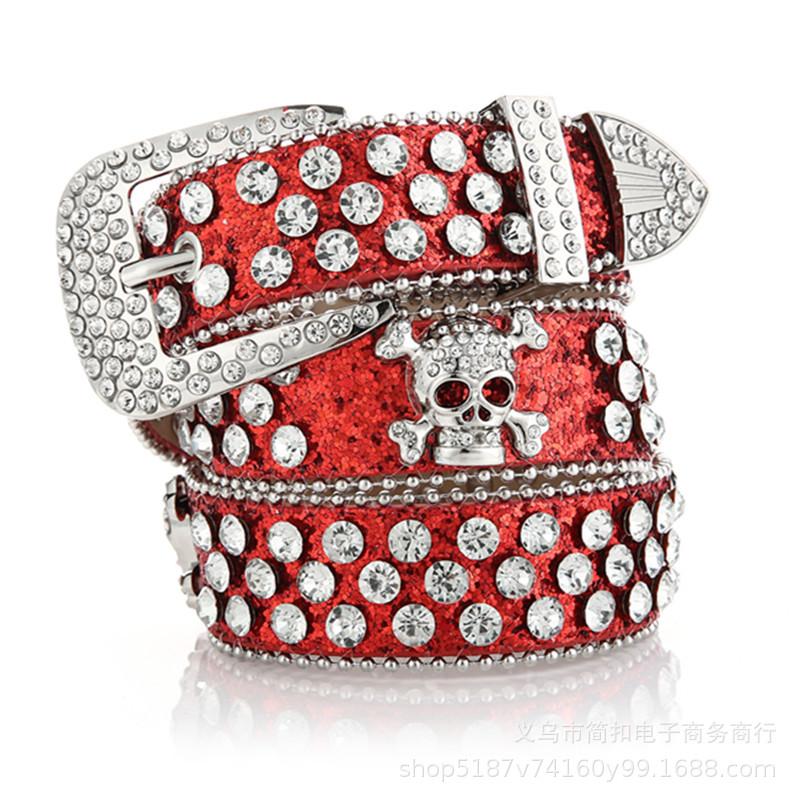 Women's Rhinestone Skull Leather Belt - European & American Style, Extended Waist for Denim & Outdoor Wear