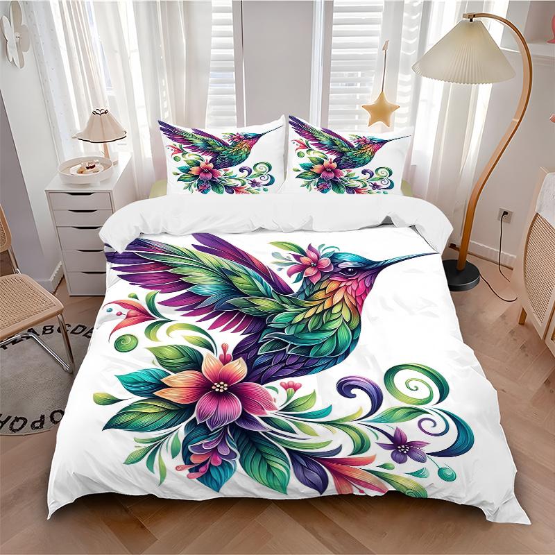 3pcs Colorful Hummingbird with Floral Wings Pattern Bedding Set, 1* Cover + 2*Pillowcases, Printed Bedding Set, Soft and Comfortable, Suitab
