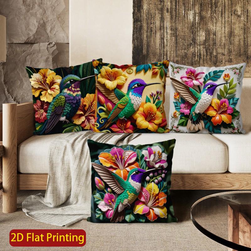 2D Tropical Hummingbird Floral Throw Pillow Covers Pattern Cushion Cover Suitable For Sofa Bedroom Car Pillow Cover