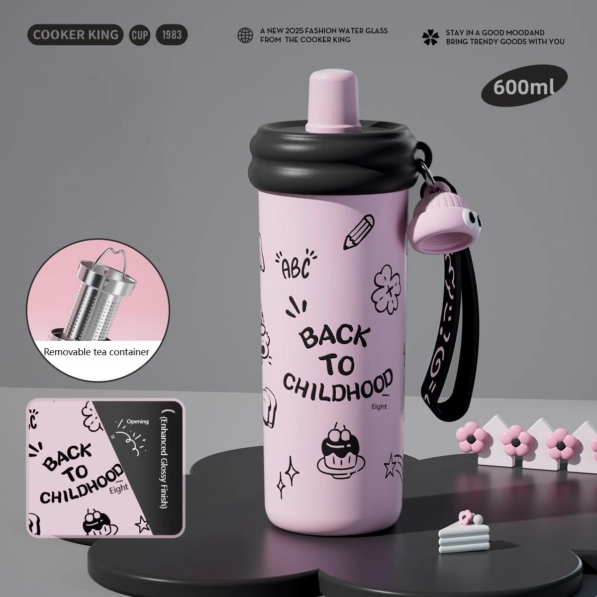 

COOKER KING 600ml Straw Insulated Cup Stainless Steel Thermos Cup with Tea Strainer Cold&Hot Vacuum Flask Students Girls Gift 600ML