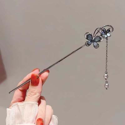 Chinesischer Stil Tinte Blume Quaste Haarnadel für Frauen Mädchen Vintage Metall Schwarze Perlen Fransen Haarspange Hanfu Haarschmuck