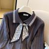 2025 Autumn/Winter Stylish Knit Cardigan with POLO Collar & Silk Scarf Bow Tie for Women