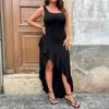 Women Black Square Neck Sleeveless Asymmetrical Ruffle Hem Slit Maxi Dress