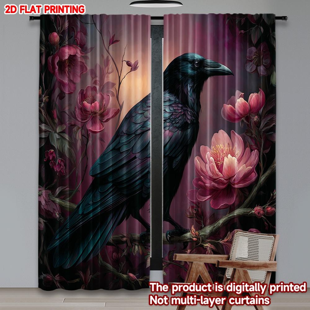 

Set Of 2 Flat Printing Happy Valentine Day Party Curtain Crows Flowers Print Digital Printed Polyester Drapes Festive Made W100*H70(CM)-Grommet top&2PCS