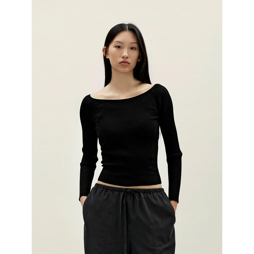 Anggae Ribbed Scoop Neck Pullover Black