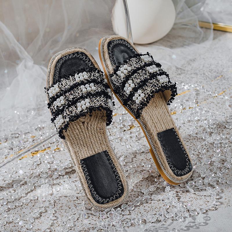 

Fashion black white mixed color flat slippers women designer pearl flip flops straw bottom crystal sandalias mujer big size 43 35 чёрный