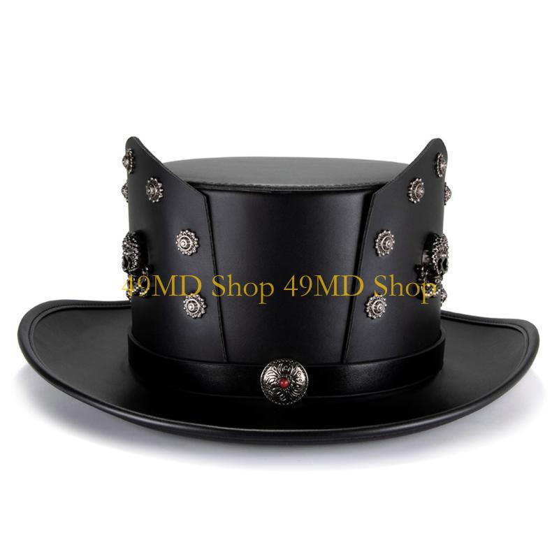 49MD Schwarzer PU-Leder Steampunk Hut Cosplay Kopfbedeckung für Maskenbälle Tanzveranstaltungen