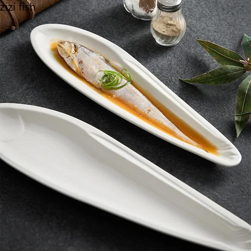 White Shaped Fish Plate Ceramic Autumn Knife Fish Long Strip Plate Steamed Fish Plate Sushi Dish Artistic Conception Tableware