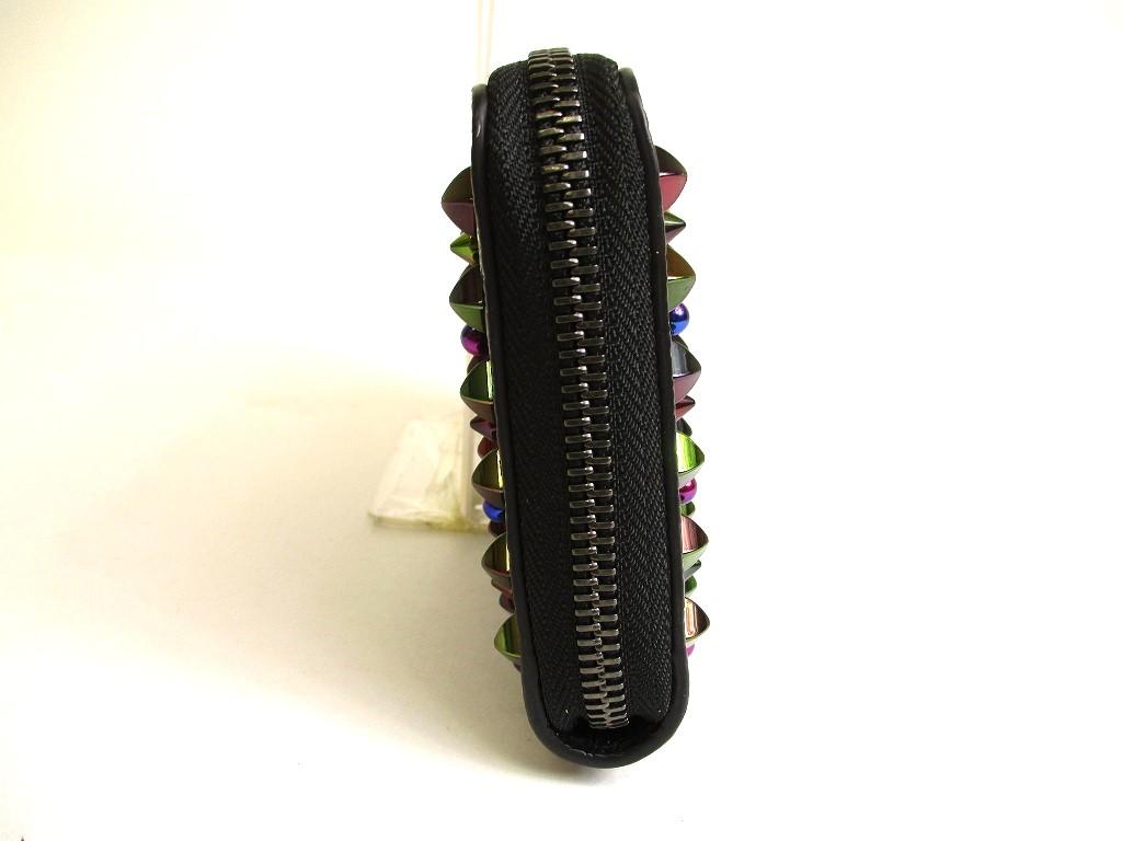 Authentic Christian Louboutin Panettone Black Leather Multicolor Spikes Round Zip Wallet #9746  Refurbished