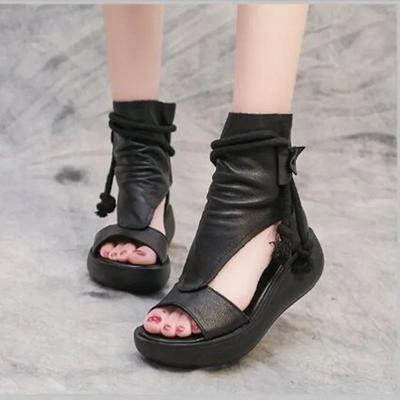 2024 Hot Sales Summer Black Women Leather Sandals Cool Boots Platform Shoes Wedges Sandals Women Shoes Fashion Outdoor Sandals