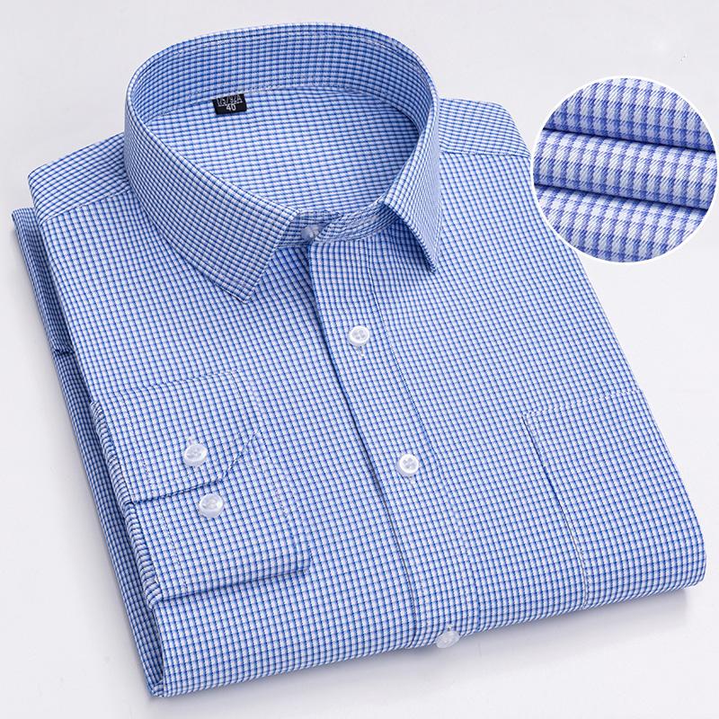 Men's 65% Cotton Long Sleeve Printed Check Dress Shirt Single Patch Pocket Regular-fit Comfortable Versatile Thin Casual Shirts