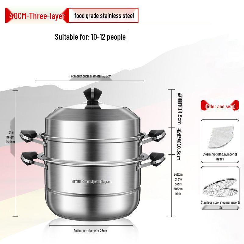 Large 304 Stainless Steel Three-Layer Household Steamer for Induction and Gas Stoves