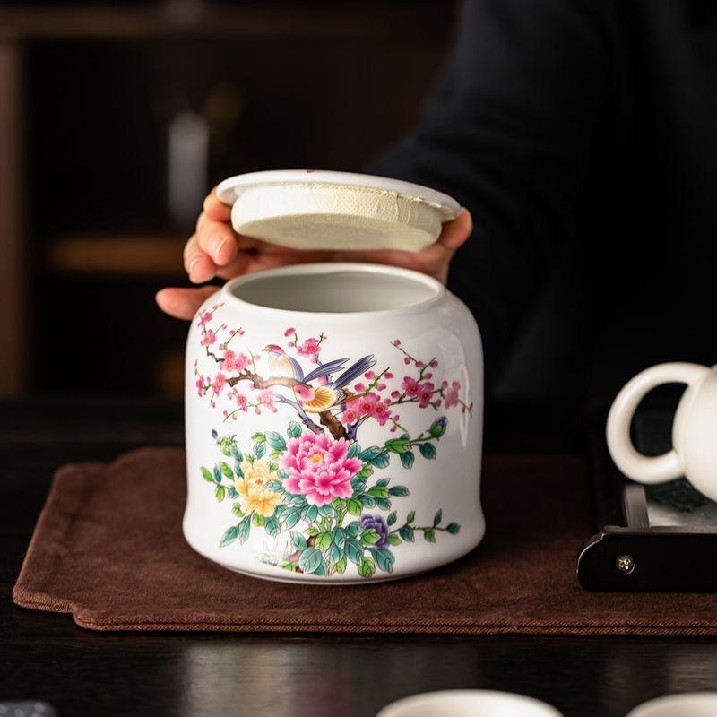Large Ceramic Tea Caddy with Lid – Vintage Bird & Flower Design, Airtight Storage Jar for Loose Leaf Tea