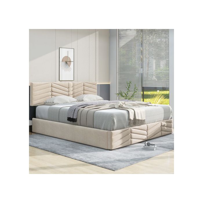 Lit capitonné - MUVOE - 140x200 cm - Tête de lit réglable - Velours beige - 2 places