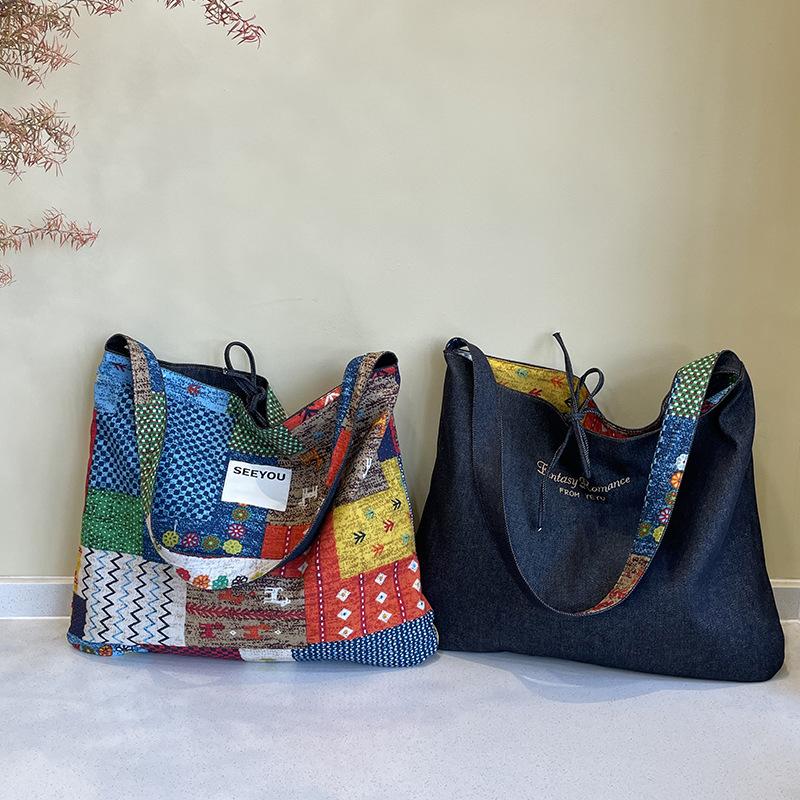 

Women s Denim Shoulder Bag, Crossbody Bag, Portable Bag, Ethnic Style Patchwork 37 * 45 * 1cm