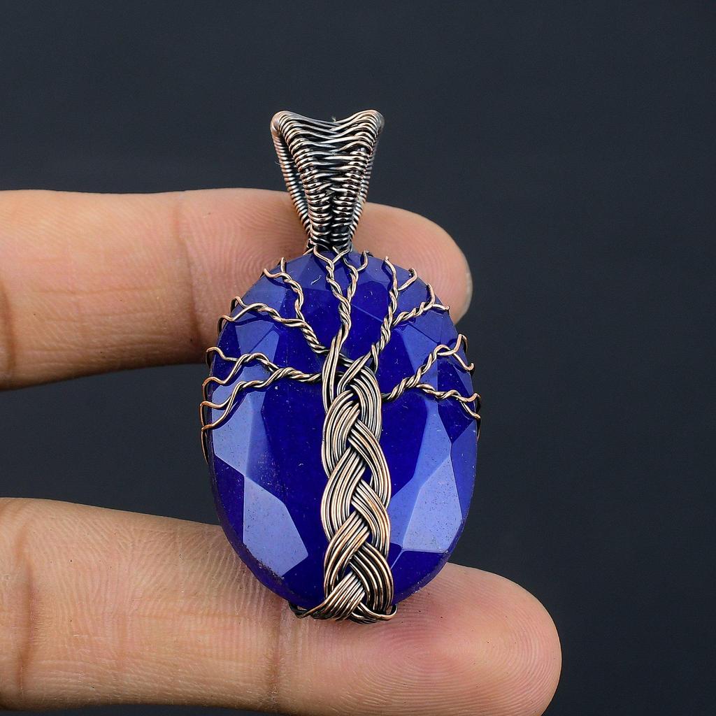 Blue Sapphire Pendant, Handmade Gemstone Pendant, 999 Copper Wire Wrapped Pendant Antique Jewelry, For Engagement Gift