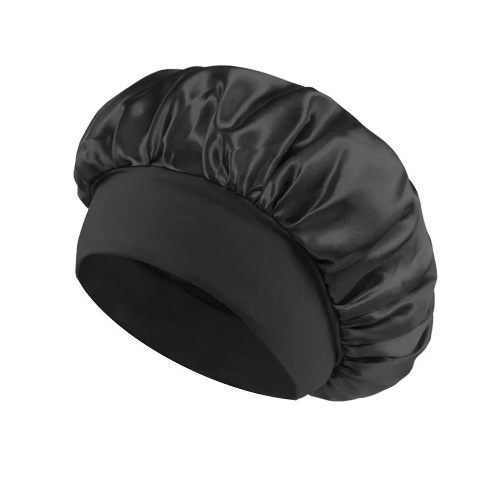 Women's Satin Solid Bonnets Wide-brimmed Night Sleeping Bathing Hat Unisex Head Wrap Elastic Band Cap Hair Care Bonnet