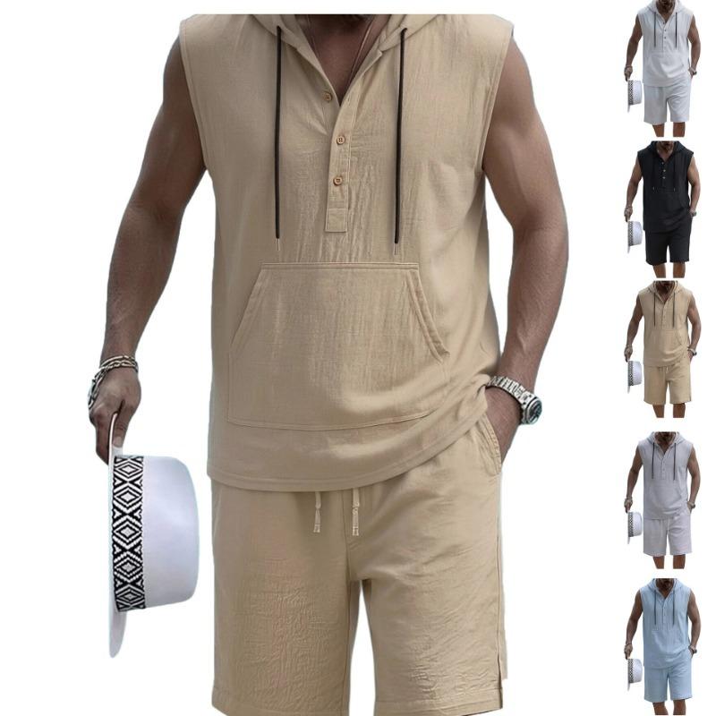 Mens Casual Loose Hooded Sleeveless Vest And Shorts Set