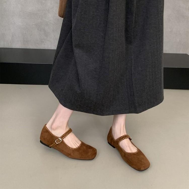 French Suede Ballet Flats Women's 2025 Spring and Autumn New Retro Square Head Casual Flat Mary Jane Single Shoes
