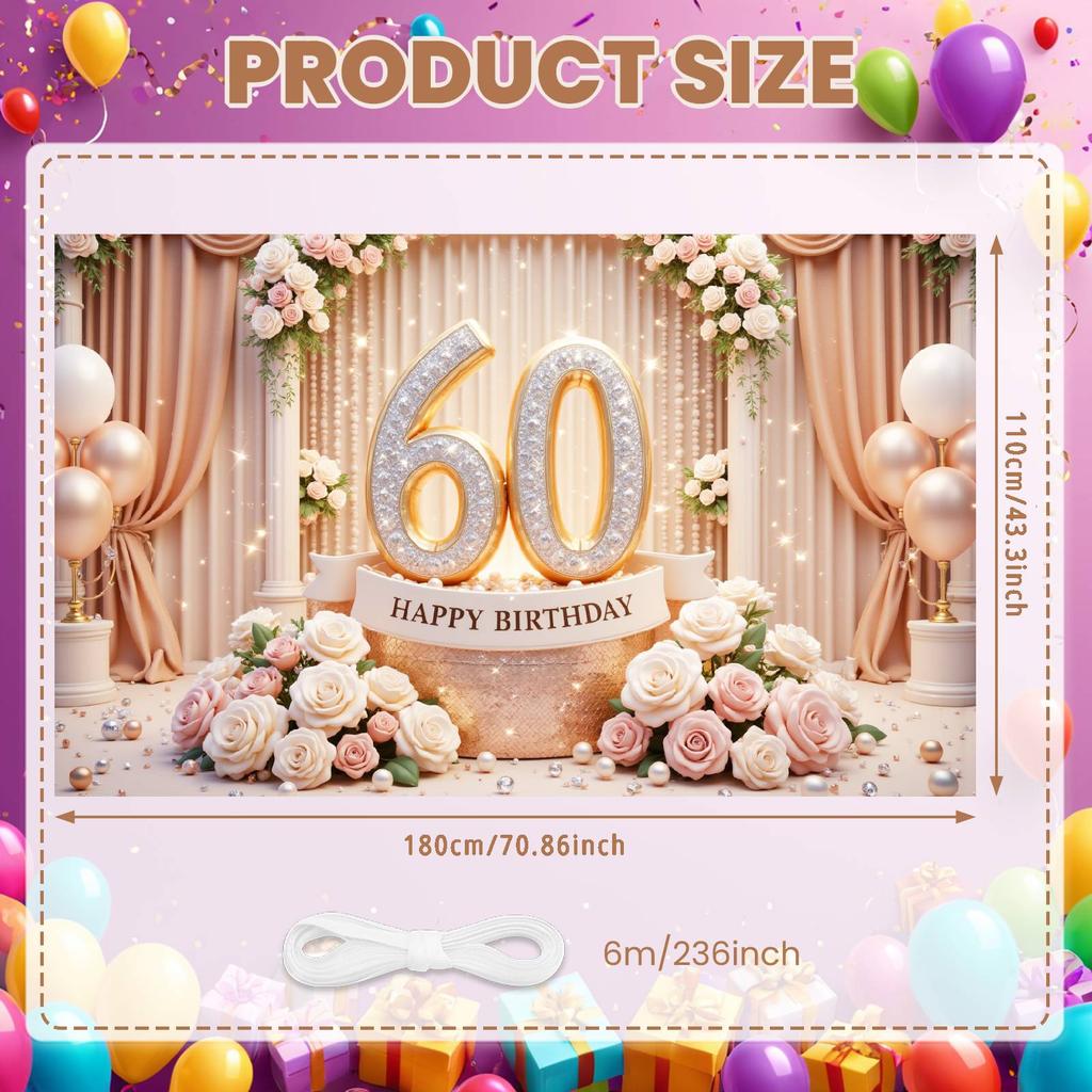 60. Meilenstein Kulisse Goldene Ballons Geburtstagsfeier Banner Happy 60 Birthday Banner Zartrosa Rosen Für Formelle Anlässe