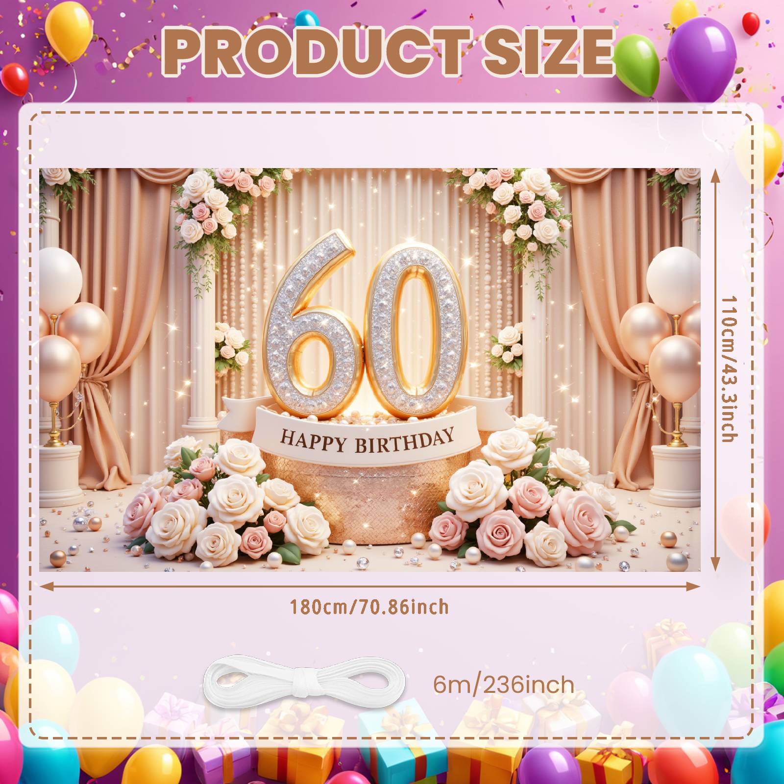 

60th Milestone Backdrop Gold Balloons Birthday Celebration Banner Happy 60 Birthday Banner Blush Pink Roses For Formal