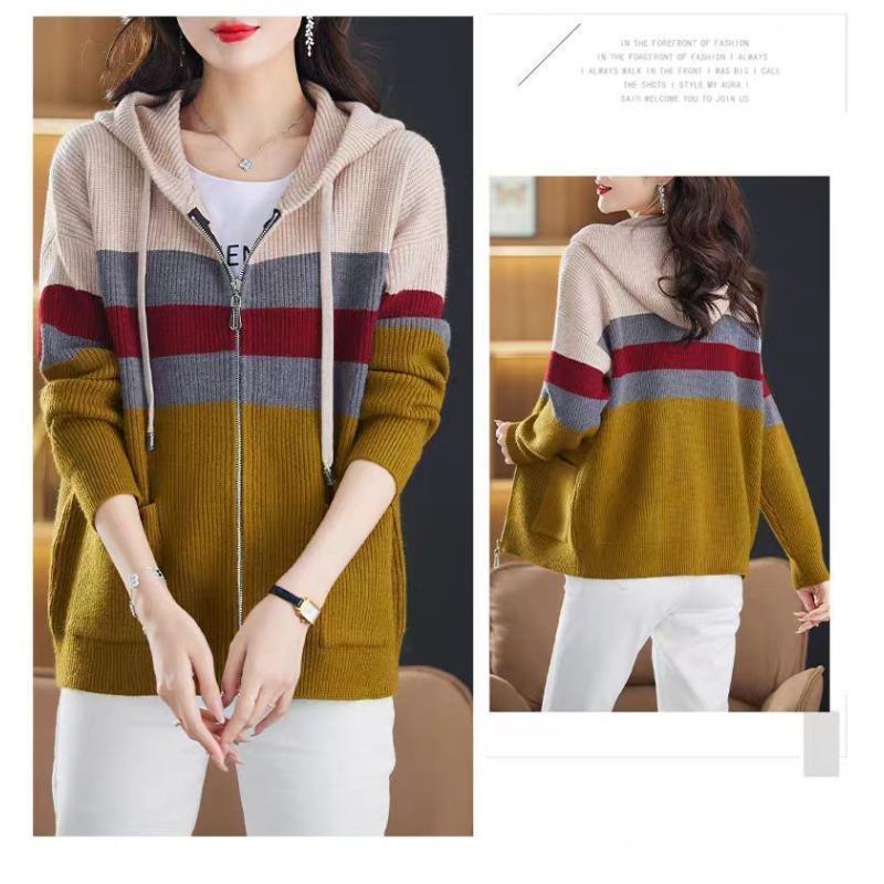 Casual Women Hooded Sweater Coat Zip Up Color Block Knitwear Open Front Jacket for Spring Fall Winter