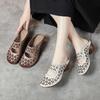 Johnature Hollow Breathable Slippers Genuine Leather Thick Heels Soft Soled Women's Shoes Retro Slides