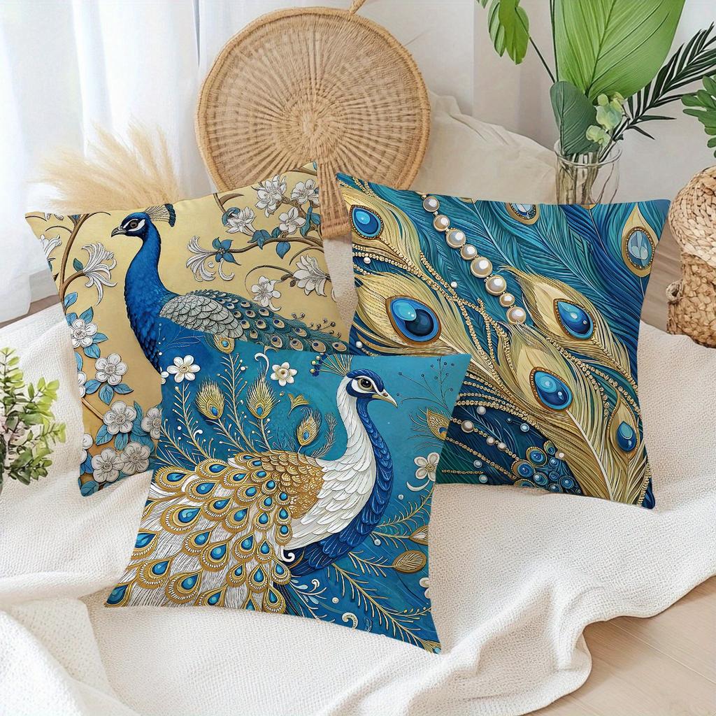 1/4pcs Bohemian Peacock Throw Pillow Covers Vintage Blue Gold Decorative Cushion Cases for Home Living Room Bedroom Sofa