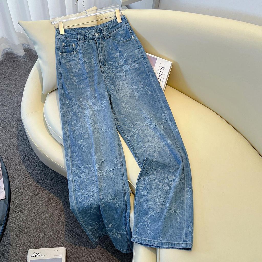 Women's High Waist Retro Blue Jacquard Straight Leg Jeans - 2025 Autumn Collection